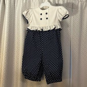 Easter Romper- blue/white polka dot (2T) snap bottom, zipper back w/tie details